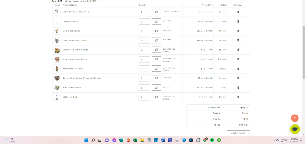 Screen shot of her flower order from a wholesaler that totals $565.05