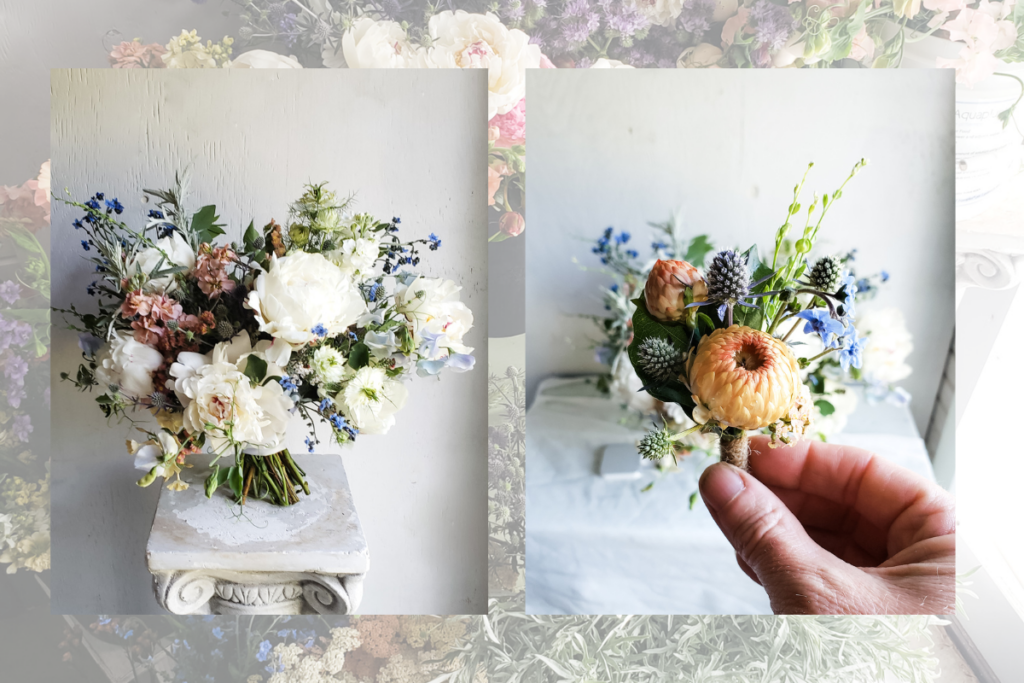 Spring blush wedding flowers with roses, anemities, and ranunculus.