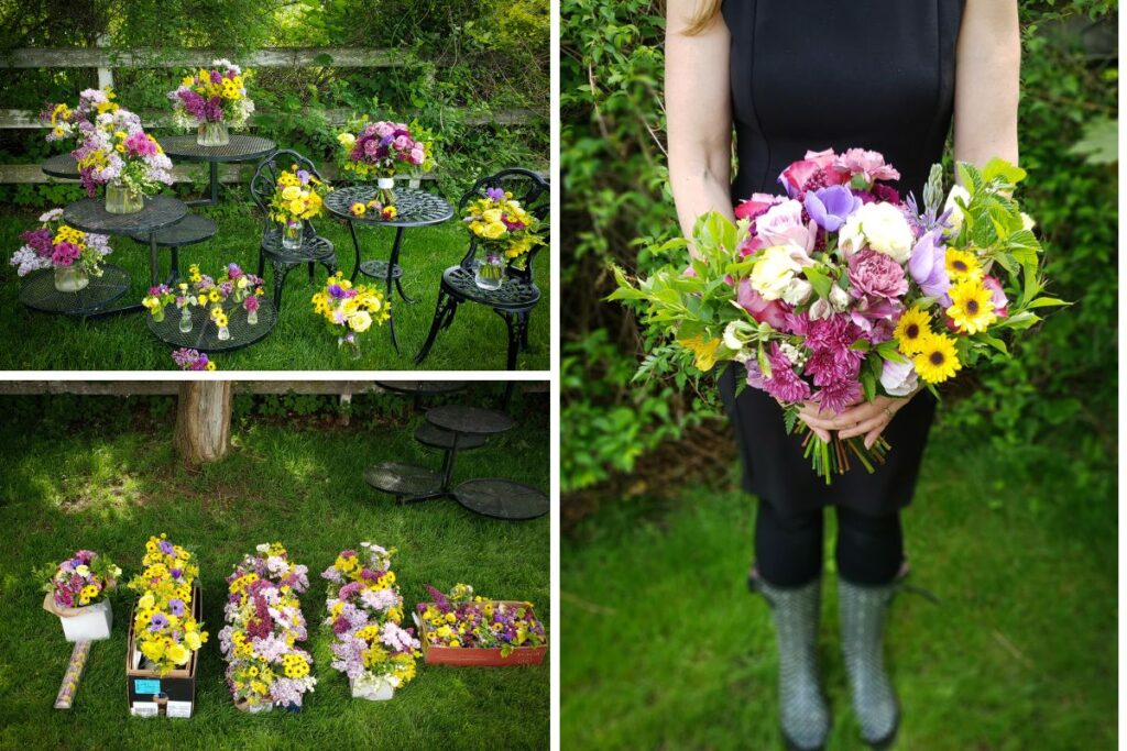 A wedding package of purple and yellow seasonal flowers.